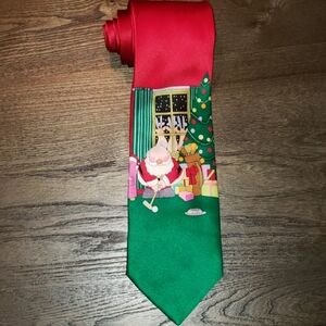 NWOT Vintage Hallmark Holiday Traditions Silk Reindeer Watching Santa Golf Tie